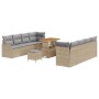 11-teiliges Garten-Sofa-Set aus Poly Rattan und Akazie mit beigen Kissen.