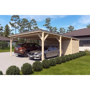 Holzbrüder Doppelcarport Ralf mit Geräteraum, naturbelassen, mit zwei Autos.