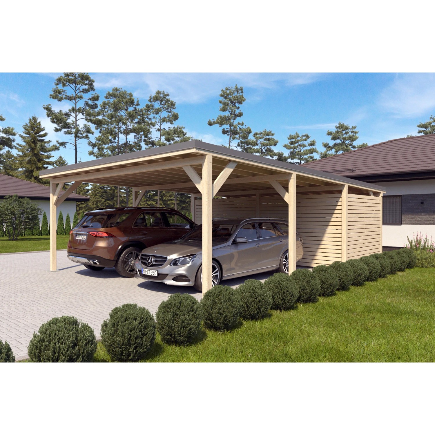 Holzbrüder Doppelcarport Ralf mit Geräteraum, naturbelassen, mit zwei Autos.