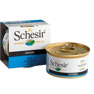 Schesir Katzen-Nassfutter Thunfisch in Jelly, 85g Dose und Verpackung.