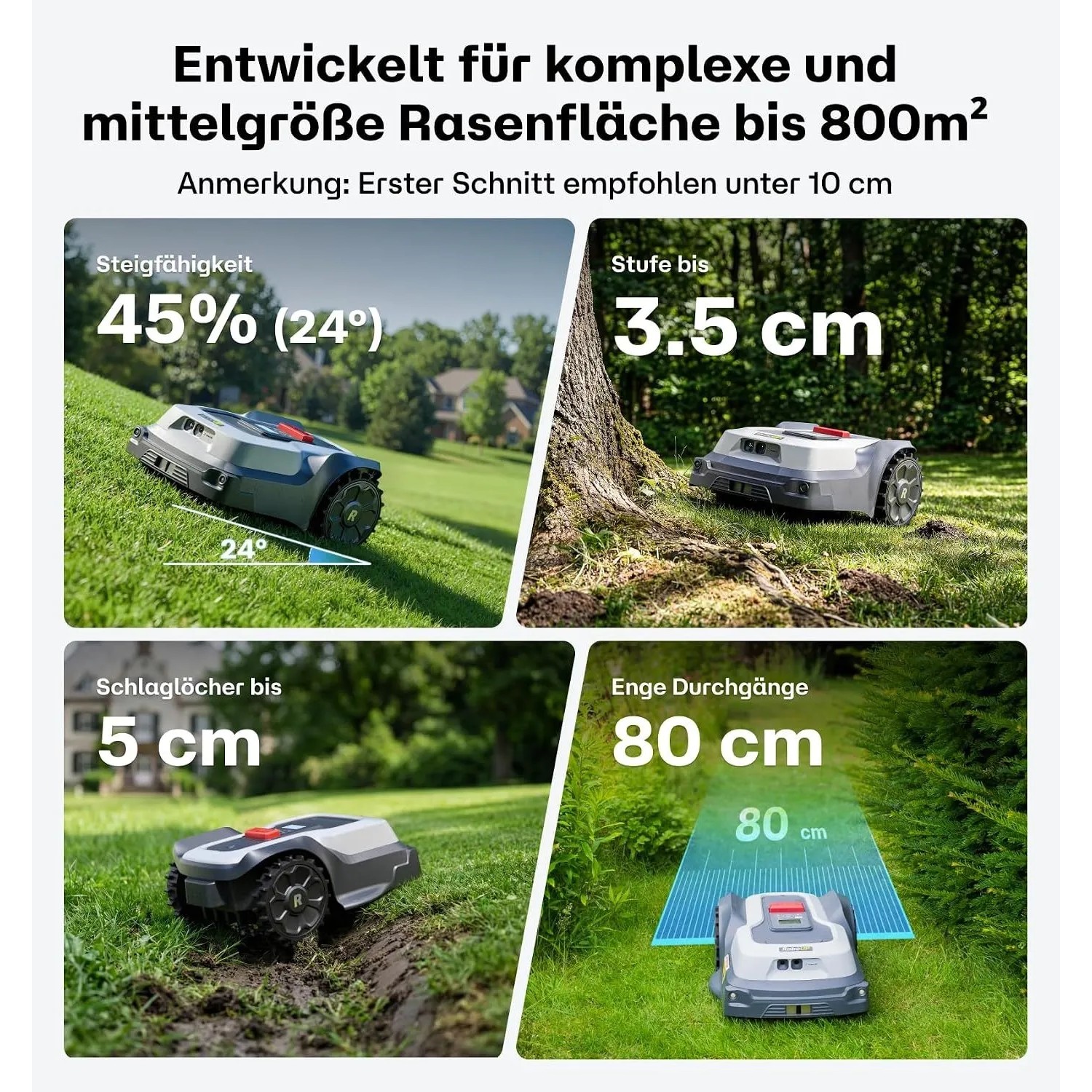 RoboUP T600 Mähroboter meistert 45% Steigung, 3.5cm Stufen, 5cm Schlaglöcher, 80cm Engstellen in komplexen Gärten bis 800qm.