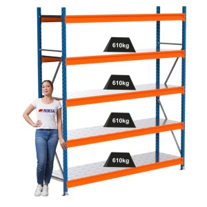 PROREGAL Industrie Weitspannregal Lagerregal MAXIMUS PRO Grundregal HxBxT 250x225x60cm 5 Stahlplatten-Fachboden Fachlast 610kg Blau/Orange