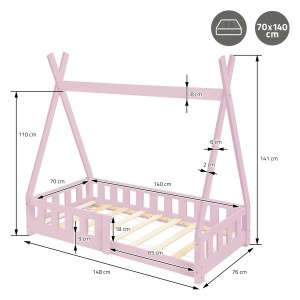 Rosa ML-Design Kinderbett Tipi 70x140 cm mit Lattenrost und Maßangaben.