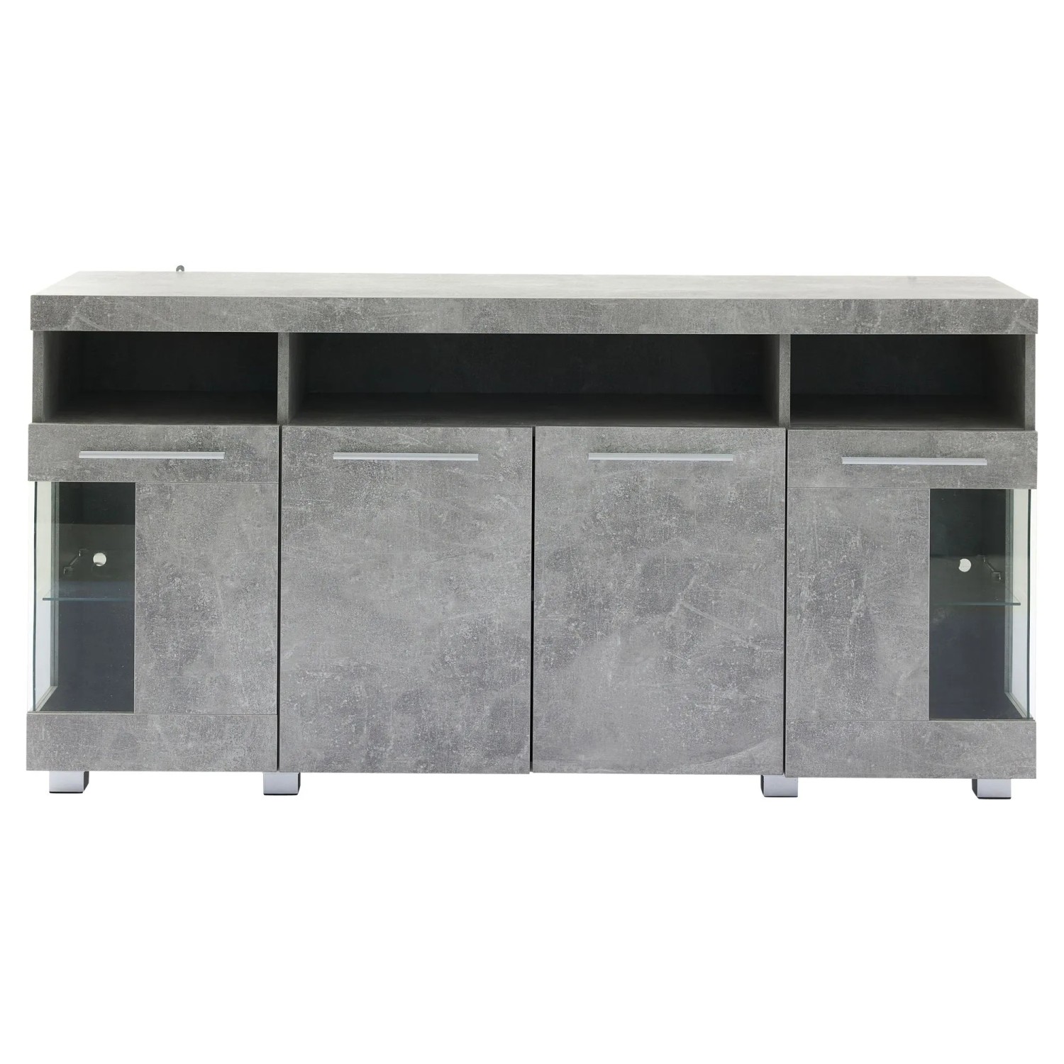 okwish Sideboard mit LED Hochglanz Glasfächer Wohnzimmer 140x40x70 cm Grau