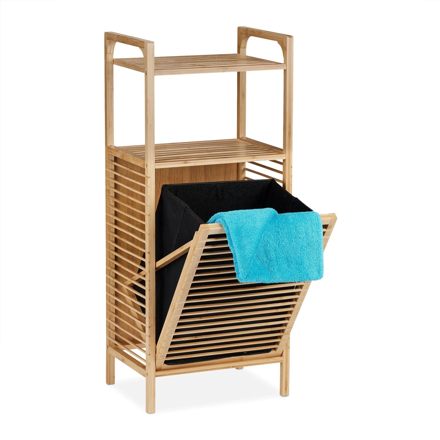 Relaxdays Badregal Bambus Natur Schwarz Mit Wäschekorb 95 cm x 40 cm x 30 cm
