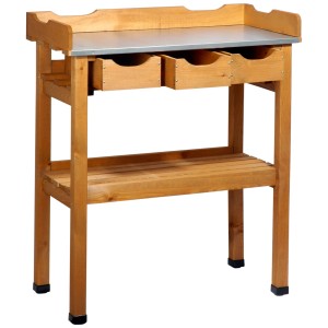 Pflanztisch aus Holz mit verzinkter Arbeitsfläche, 3 Schubladen und 2 Ablagen.