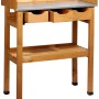 Pflanztisch aus Holz mit verzinkter Arbeitsfläche, 3 Schubladen und 2 Ablagen.