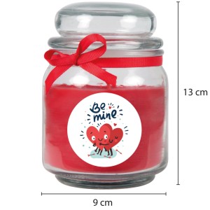 Duftkerze im Glas mit rotem Wachs, Schleife und "Be Mine" Motiv für Valentinstag. Romantische Stumpenkerze.