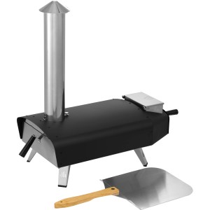 Tepro Pellet-Pizzaofen Danbury, schwarz-silber mit Schornstein und Pizzaschaufel.
