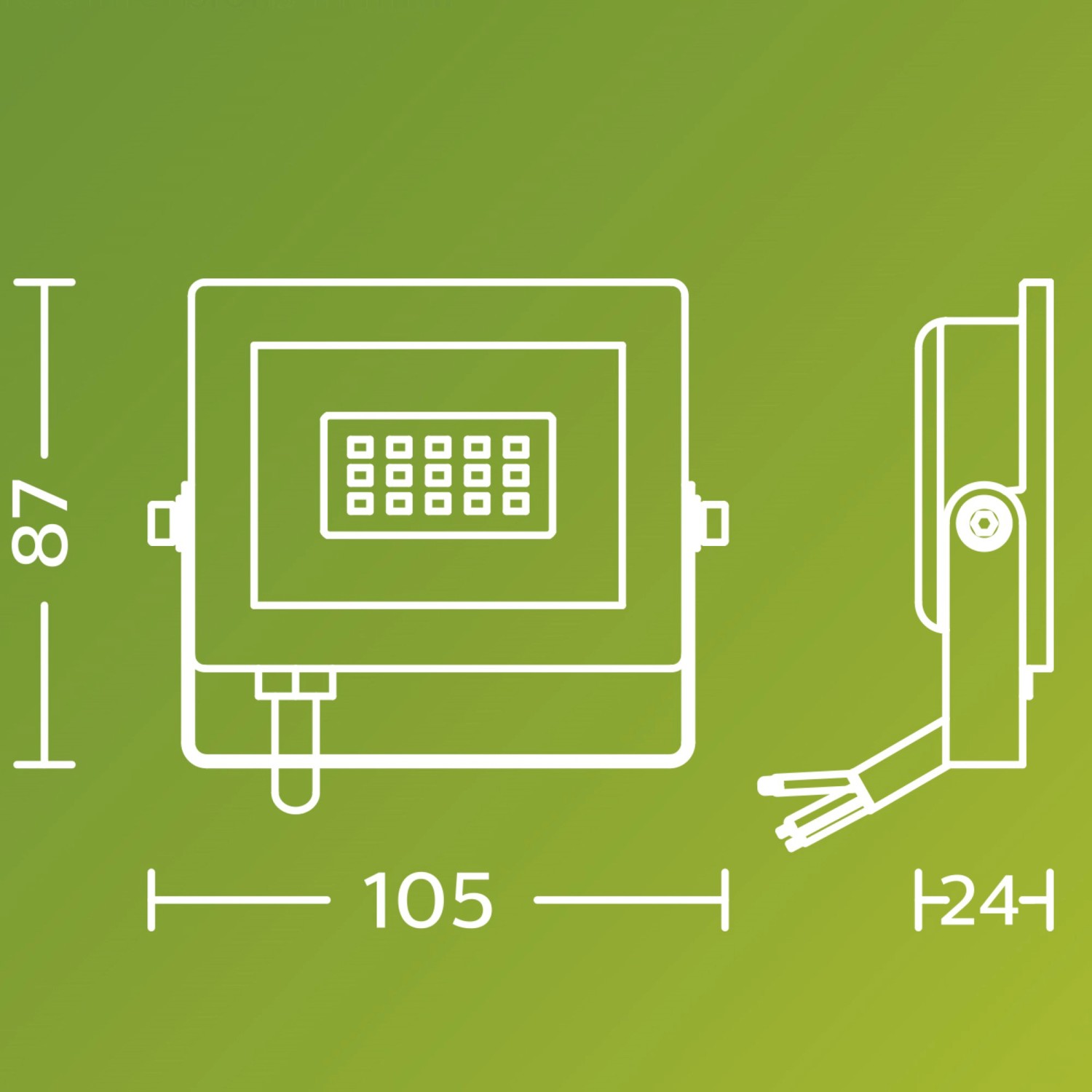 Technische Zeichnung des schwarzen Philips LED-Außenstrahlers Lois mit Maßangaben.