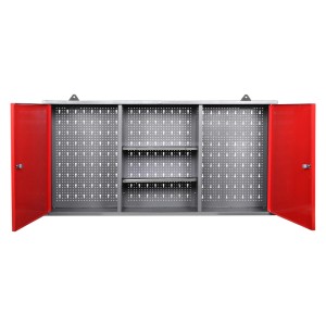 Ondis24 Werkstattschrank Kurt, 120 cm breit, mit roten Türen und Lochwand für Werkzeug.