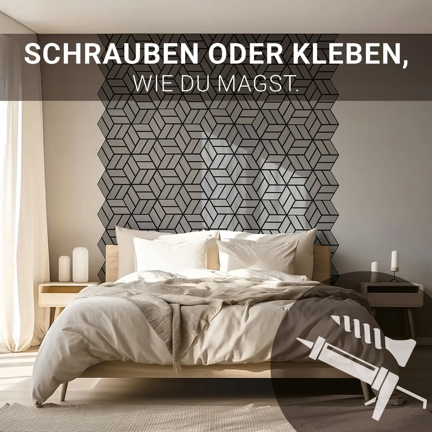 Graue Homestyle4u Akustikpaneele in Hexagon-Form als Wandgestaltung im Schlafzimmer.