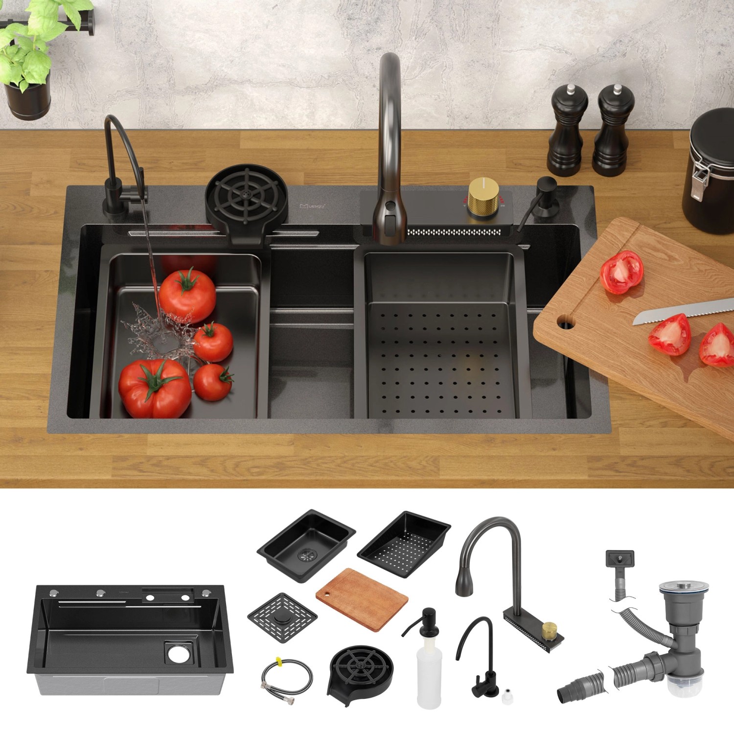 ML-Design Spülbecken Edelstahl Anthrazit 80x46cm mit Zubehör und Wasserhahn