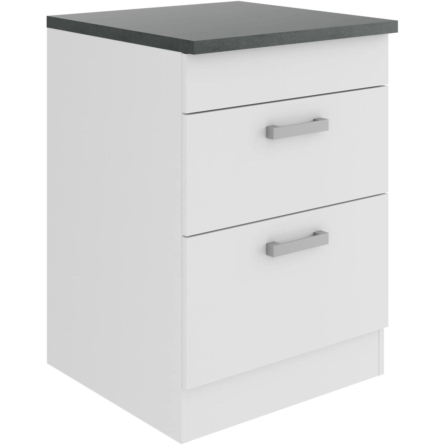 OPTIFIT Oslo214 Küchenunterschrank, 60 cm, Feinstruktur Weiß mit zwei Schubladen und grauer Arbeitsplatte.