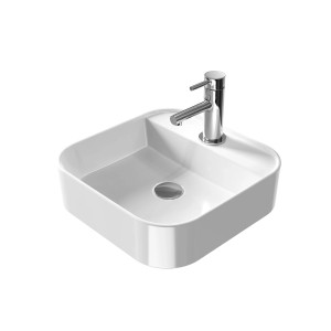 Modernes, eckiges Emke Handwaschbecken aus Keramik, 40x40 cm, mit Hahnloch und Armatur.