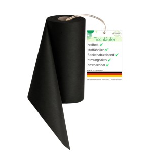 Schwarzer Sensalux Vlies-Tischläufer (30 cm x 25 m) auf Rolle, stoffähnliche Optik.