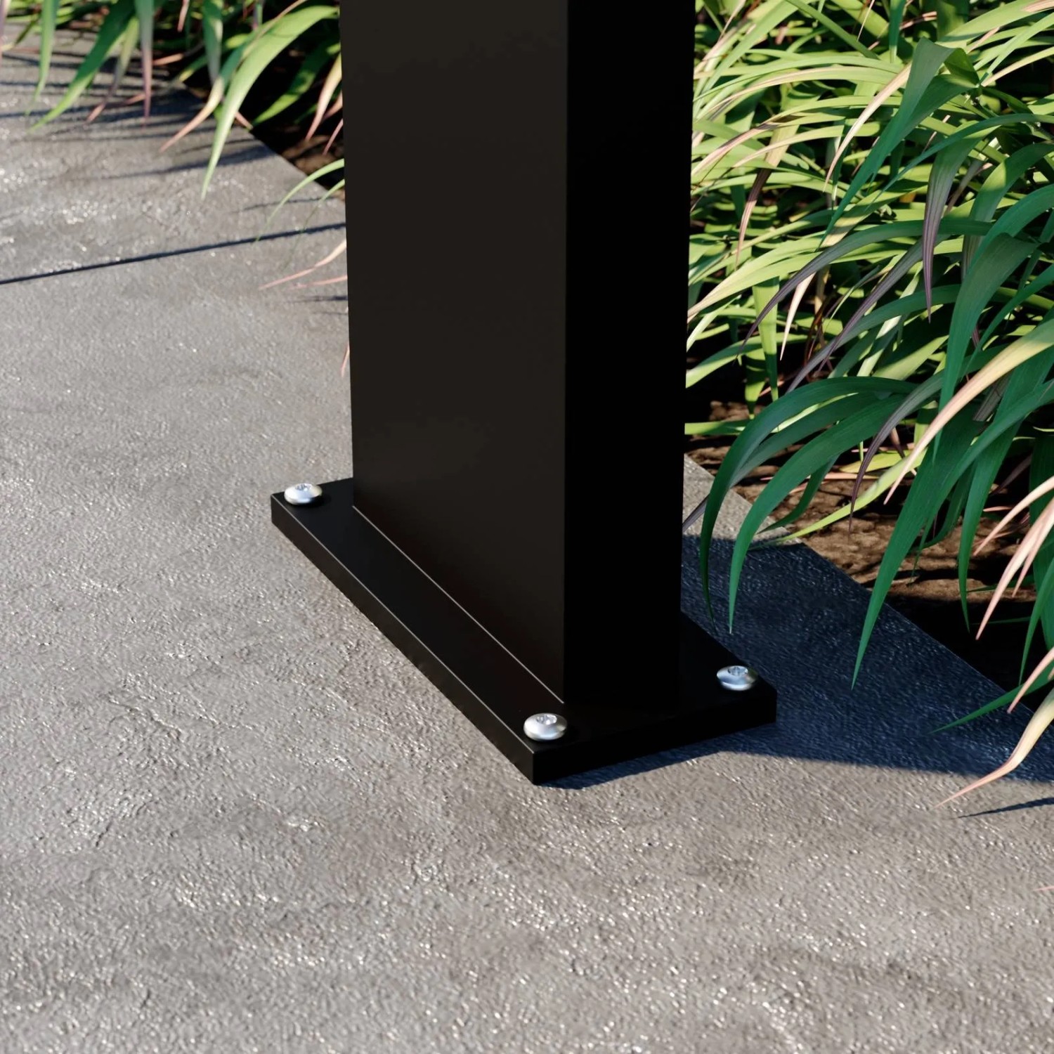 Detailaufnahme: Schwarze Lucande LED Solar-Wegeleuchte Silvan aus Aluminium mit Schrauben auf Beton.