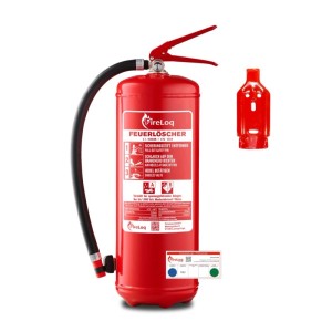 Roter FireLoq 6L Schaumlöscher mit Manometer, schwarzem Schlauch und rotem Wandhalter. Ideal für Brandschutz & Erste Hilfe.