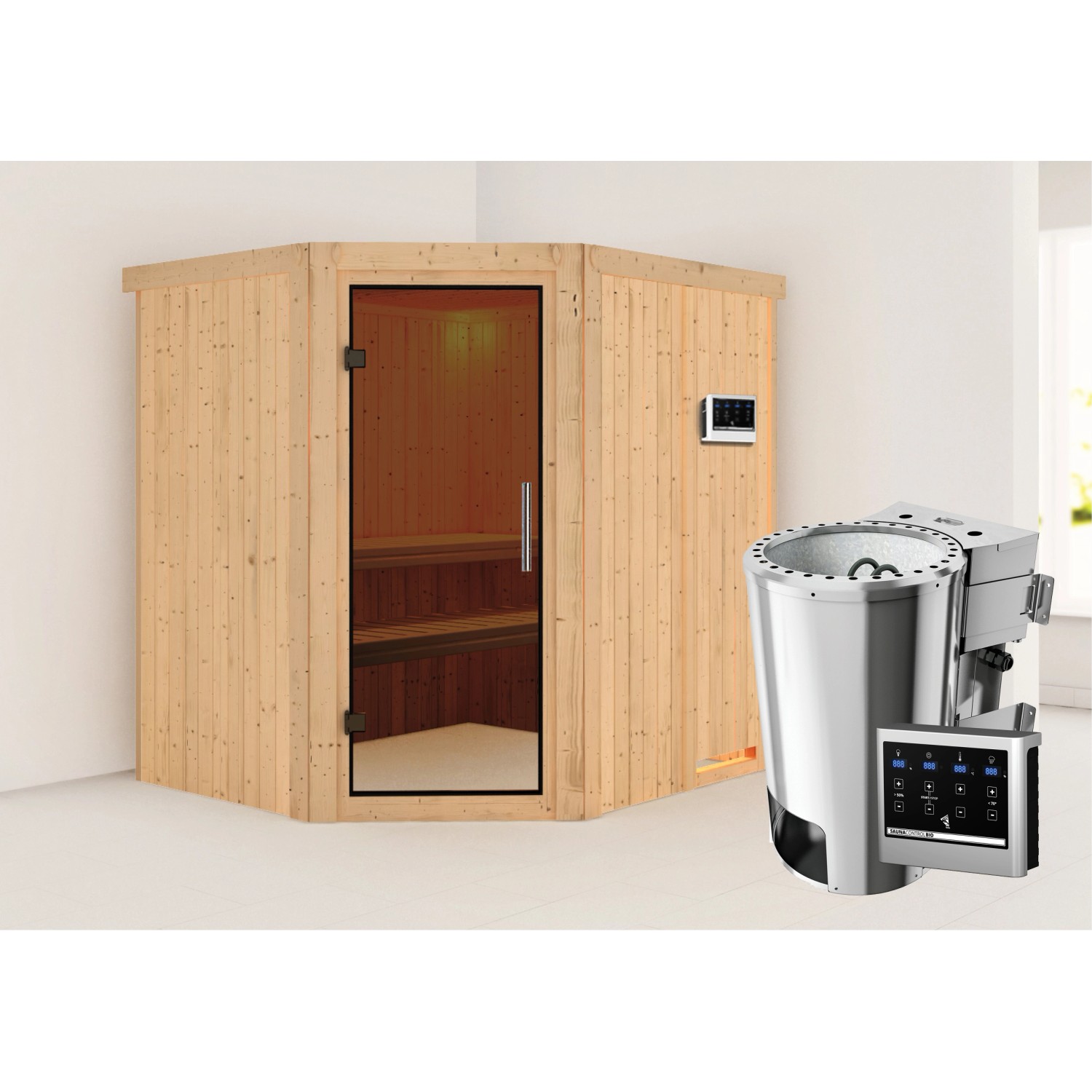 Karibu Sauna Livia mit Bio-Ofen externe Stg.Easy Natur