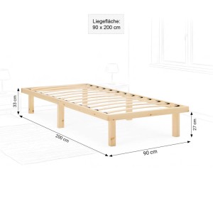 Massives Kiefernholz Bettgestell 90x200 cm mit Lattenrost. Ideal als Jugend- oder Gästebett. Gesamthöhe 33 cm.