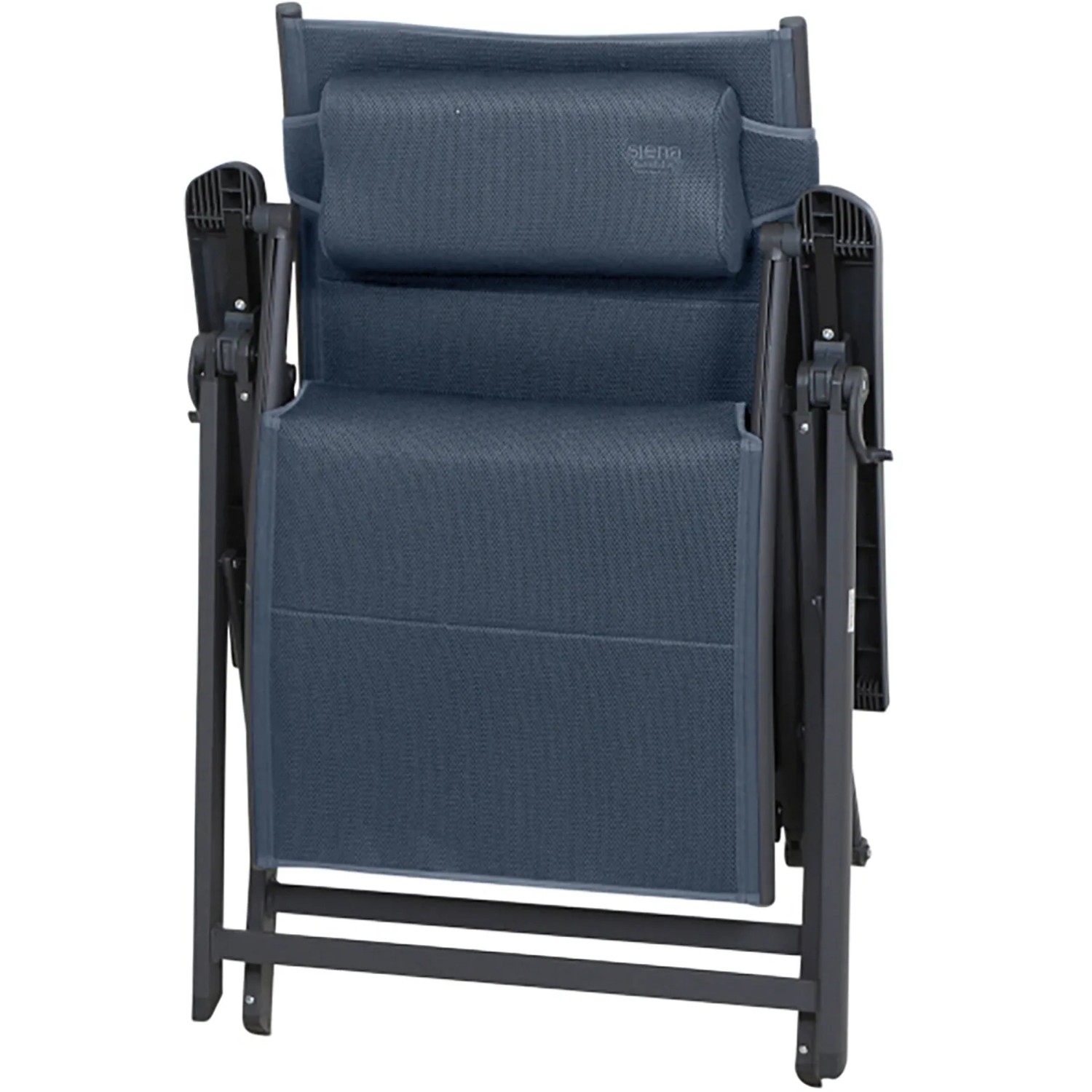 Zusammengeklappte, dunkelblaue Siena Garden Campingrelaxliege Premium XL.