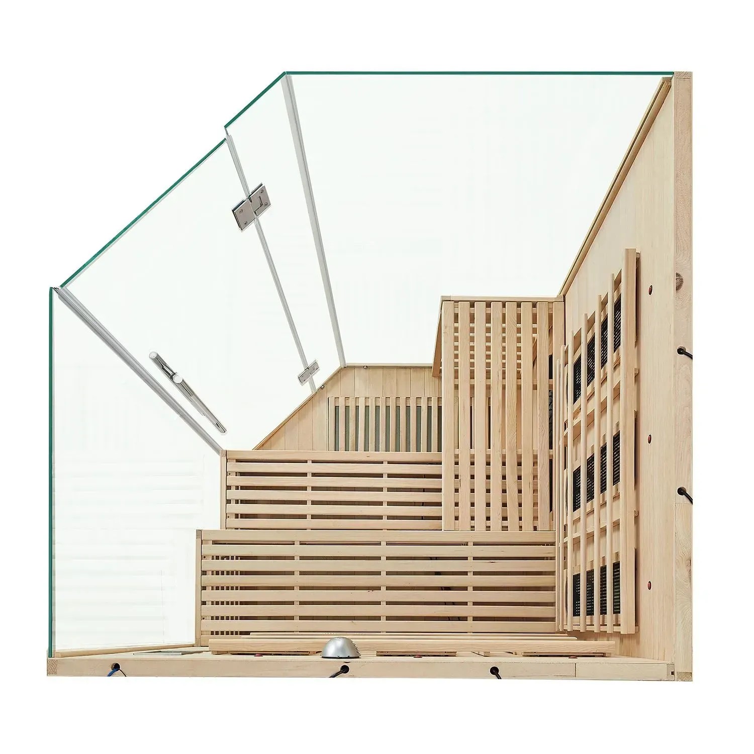 Artsauna Infrarotkabine Kiruna150 aus Hemlockholz mit Glasfront und Sitzbänken.