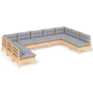 vidaXL 9-teiliges Garten-Lounge-Set aus Kiefernholz mit grauen Kissen.