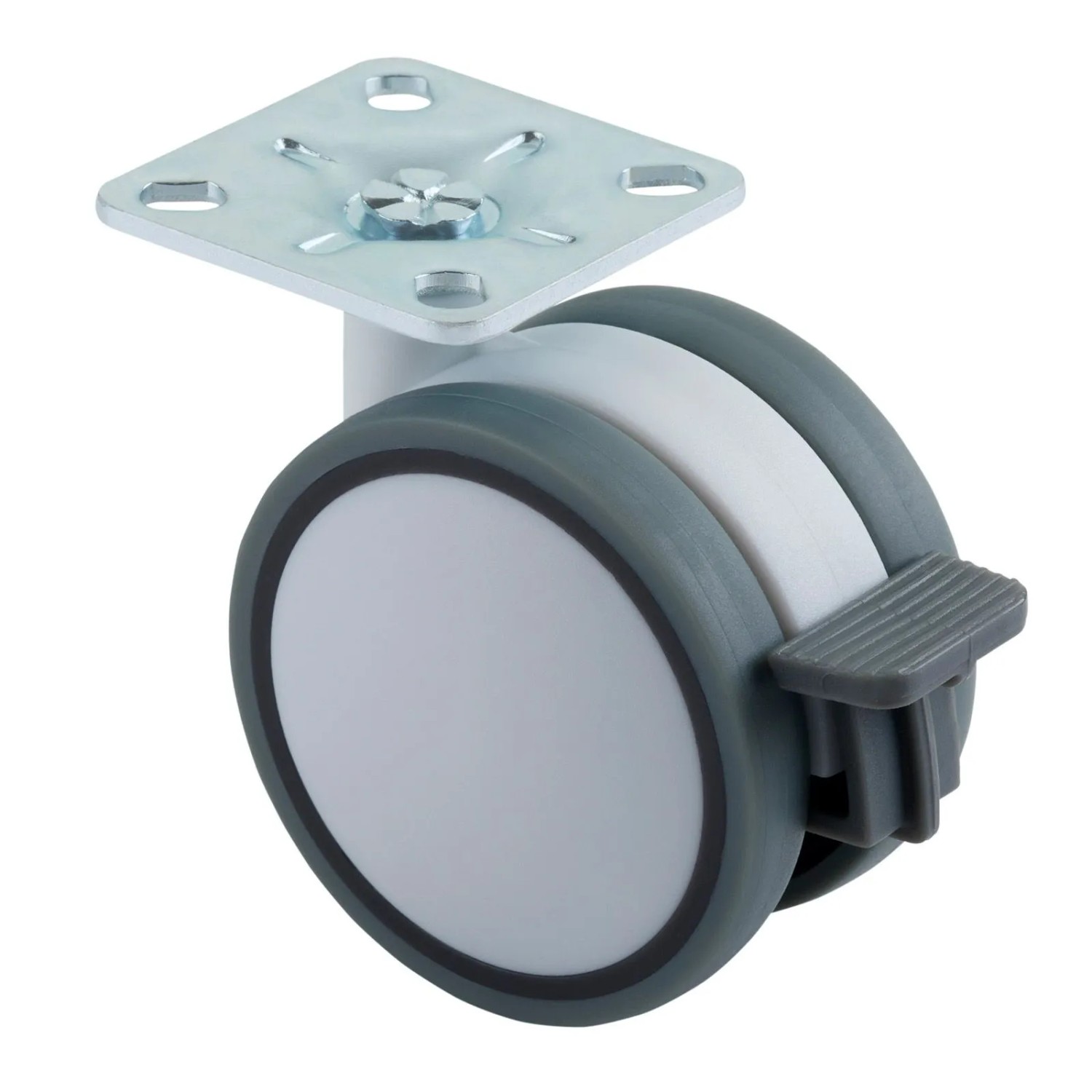 SOTECH Möbelrolle HAMM Ø63 mm Höhe 74,5 mm Weiß Grau mit Bremse Anschraubplatte 47 x 47 mm Ohne Befestigungsschrauben