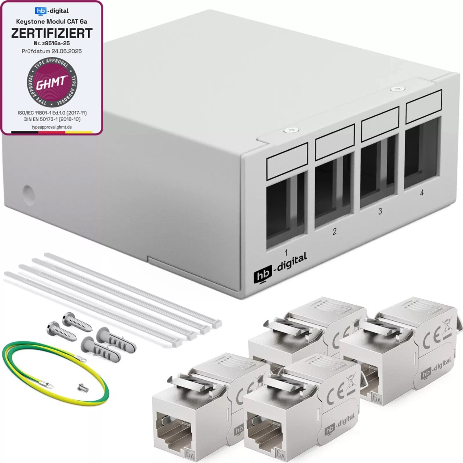 hb-digital Patchpanel 4 Port mit 4x Keystone Module Cat 6a Hellgrau