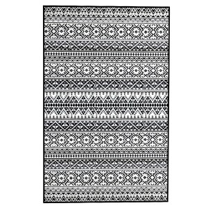Schwarz-weißer Outdoor-Teppich (270x300 cm) mit Ethno-Muster, wetterfest und aus Kunststofffasern.