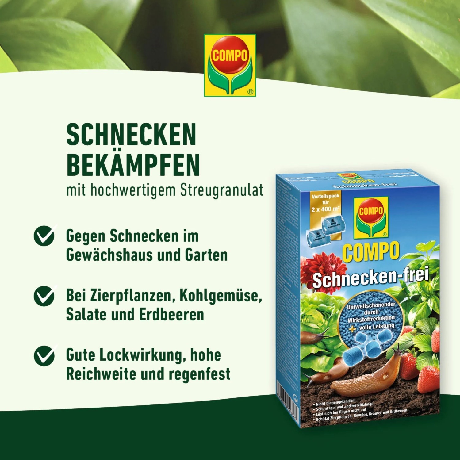 Compo Schnecken-frei, 2x200g: Schneckenkorn zur Bekämpfung von Nacktschnecken im Garten und Gewächshaus.