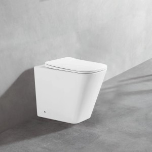 Modernes weißes Stand-WC Glasdeals mit SoftClose Sitz, spülrandlos, vor grauer Wand. Ideal für Toiletten.