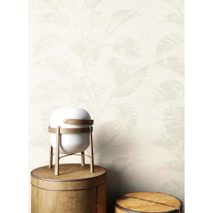 Creme Vliestapete mit Blätterstruktur, Newroom Bivona, Natur-Design für Wohnräume.