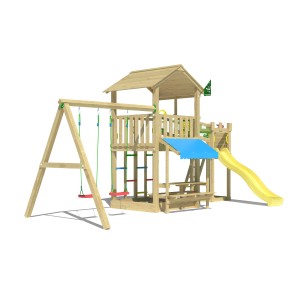 Jungle Gym Spielturm Cascade mit Schaukeln, Brücke und gelber Rutsche.