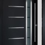 Geöffnete, moderne Splendoor Haustür Thermospace Berlin RC2 in Schwarz-Weiß mit Edelstahlapplikationen.