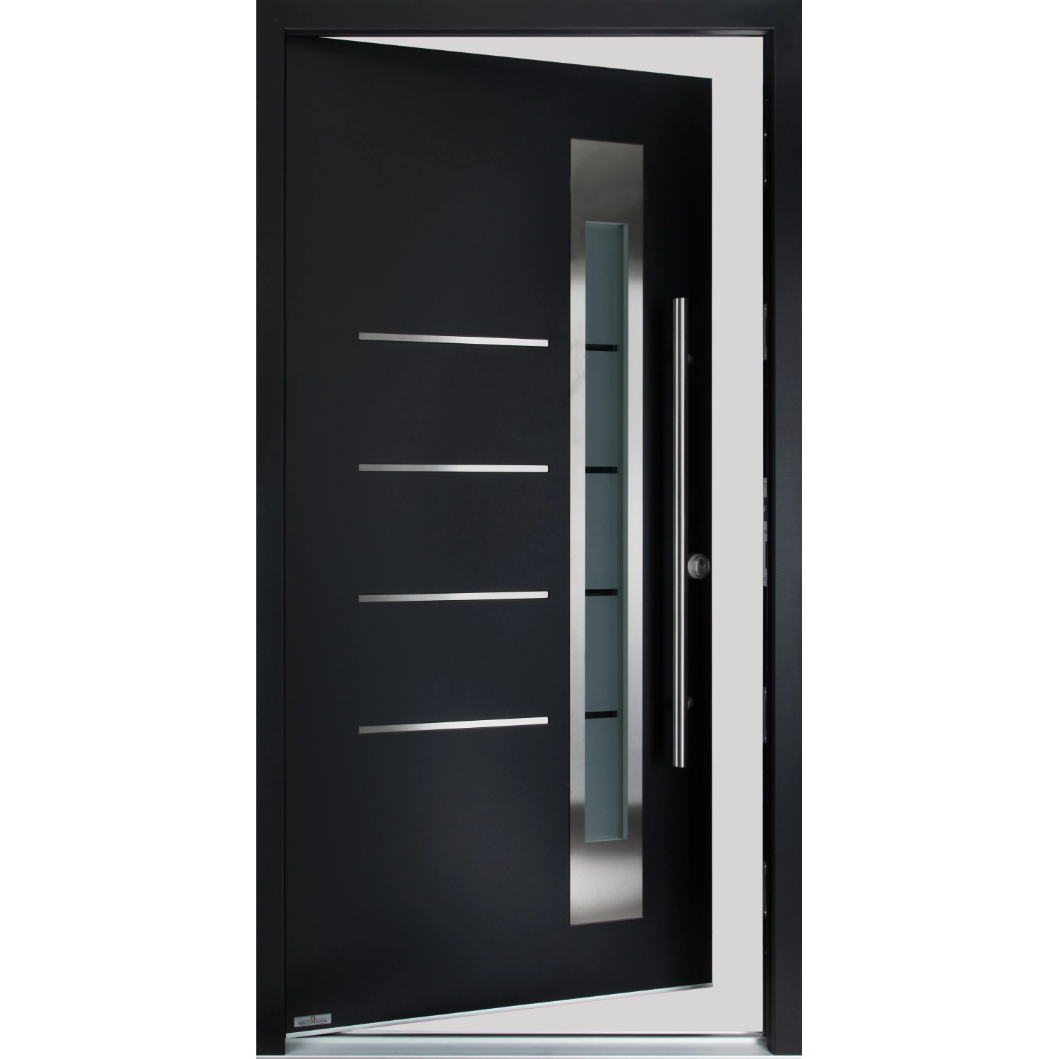 Geöffnete, moderne Splendoor Haustür Thermospace Berlin RC2 in Schwarz-Weiß mit Edelstahlapplikationen.