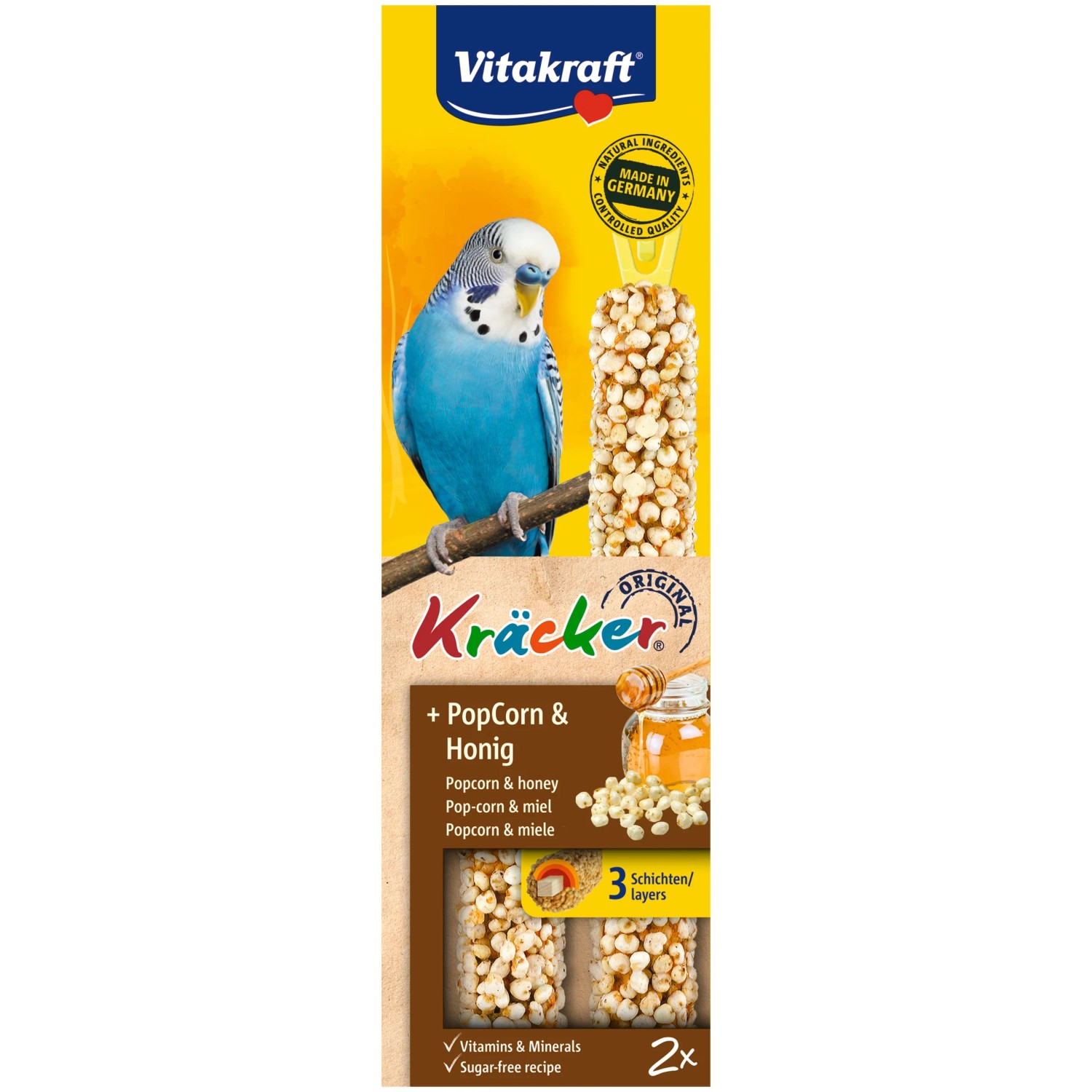 Vitakraft Kräcker Popcorn & Honig für Sittiche, 2 Stück. Ergänzungsfutter mit Hirse und Honig.