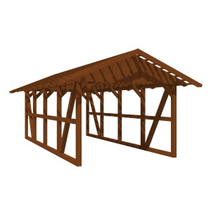Skan Holz Carport Schwarzwald Nuss, Fachwerk-Bauweise mit Satteldach und Dachlattung.
