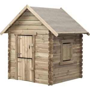 SwingKing Spielhaus Louise aus Fichtenholz mit Fenster und zweigeteilter Tür.