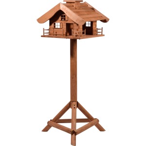 Braun lasiertes Dobar Vogelfutterhaus Almhütte mit Futtersilo auf einem Holzständer.