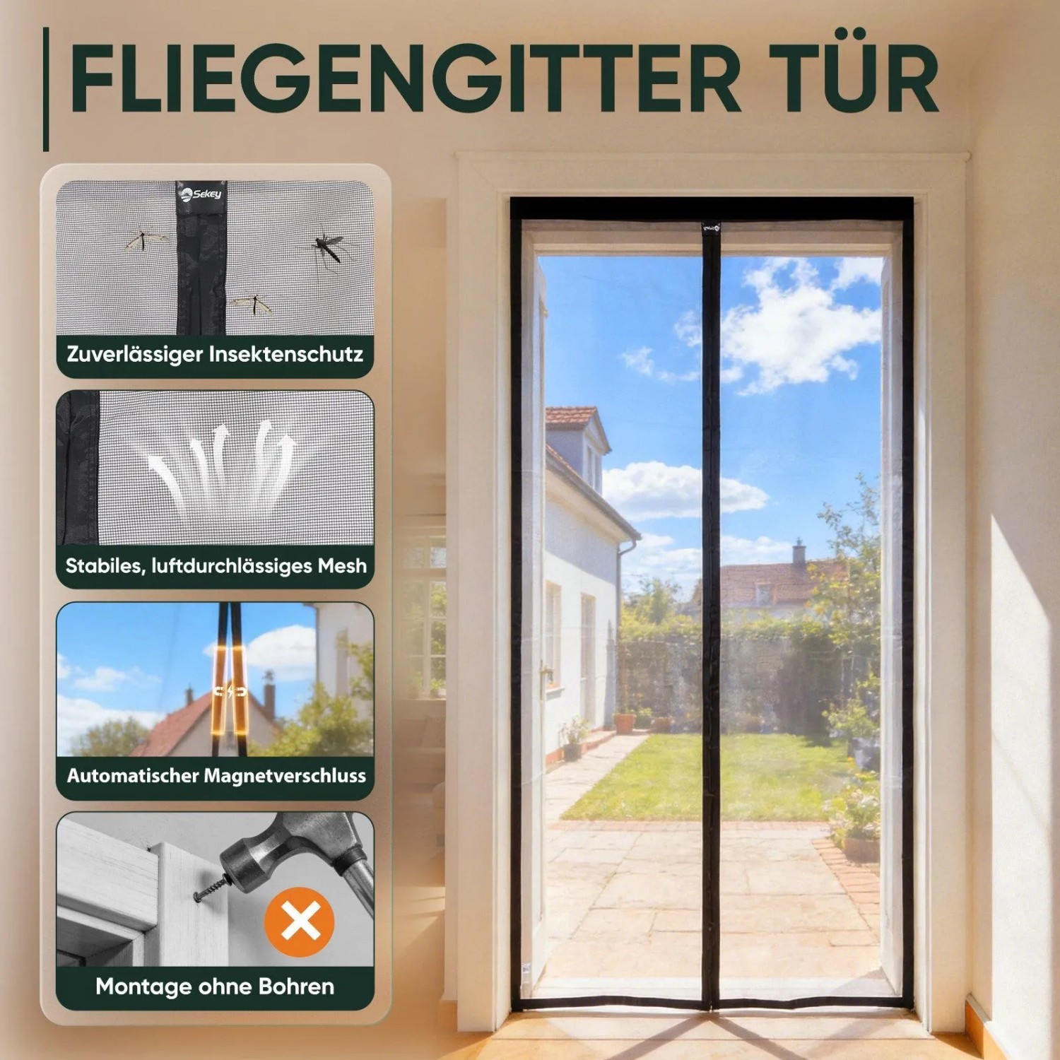 Sekey Fliegengitter Tür mit Magnetverschluss, Montage ohne Bohren, 85x195 cm.