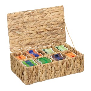 Relaxdays Teebox Wasserhyazinthe Natur 8 Fächer 10 cm x 33 cm x 20,5 cm 730 g