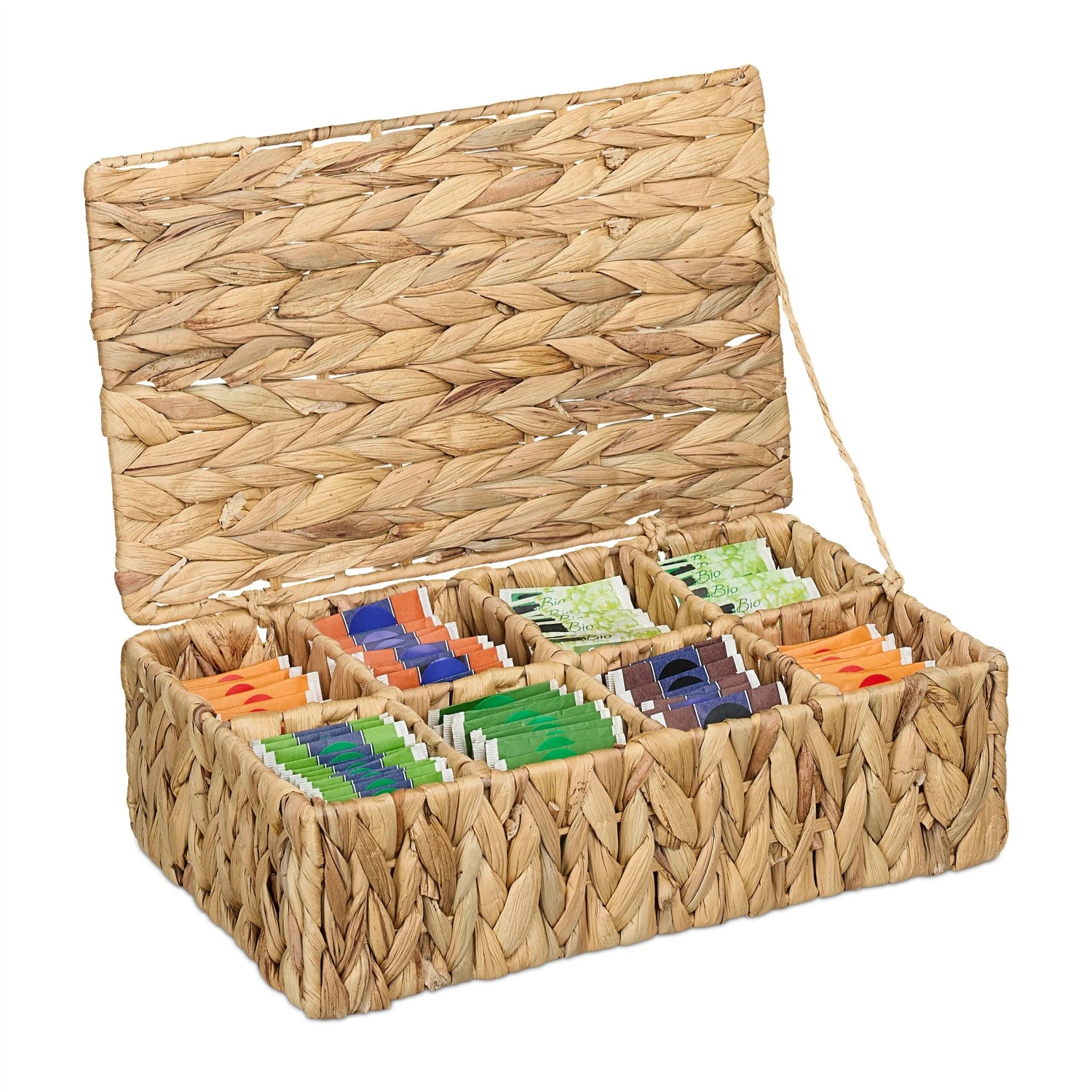 Relaxdays Teebox Wasserhyazinthe Natur 8 Fächer 10 cm x 33 cm x 20,5 cm 730 g