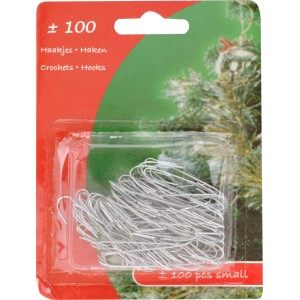 Verpackung mit 100 silbernen Metall-Aufhängern für Weihnachtskugeln.