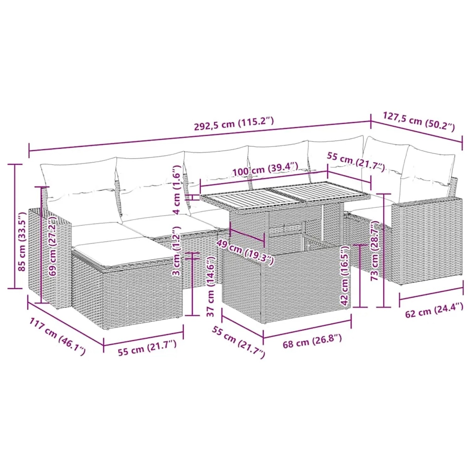 vidaXL Garten-Sofagarnitur, 8-teilig, beige Poly Rattan, mit Maßen. Ideal für Terrasse und Garten.