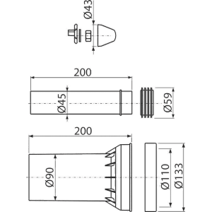 Technische Zeichnung: Alcadrain WC-Zubehör DN90, 200mm, PE/PP, verchromt für WC-Anschluss.