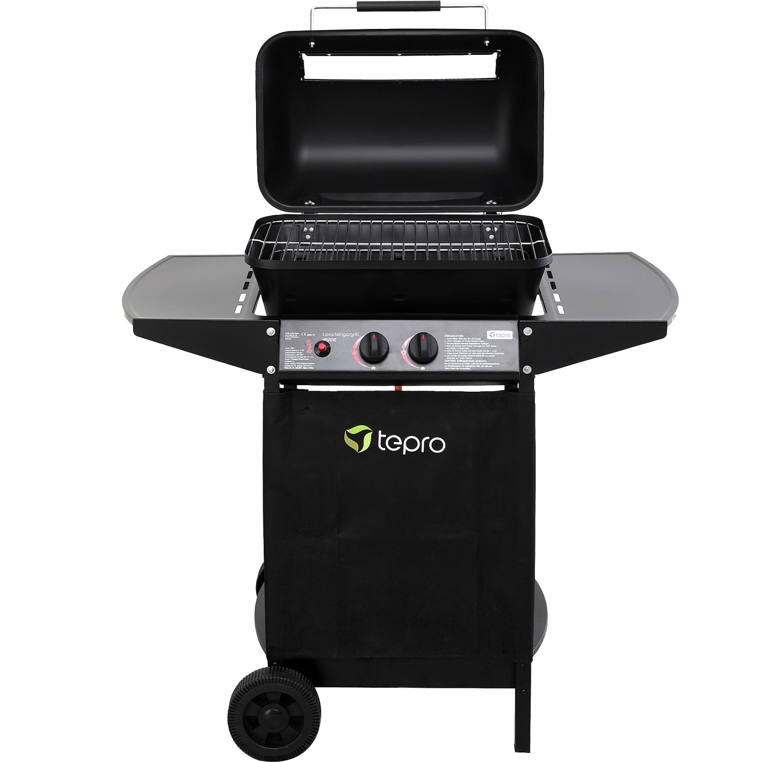 Schwarzer tepro Lavasteingasgrill Irvine mit offenem Deckel und zwei Reglern.