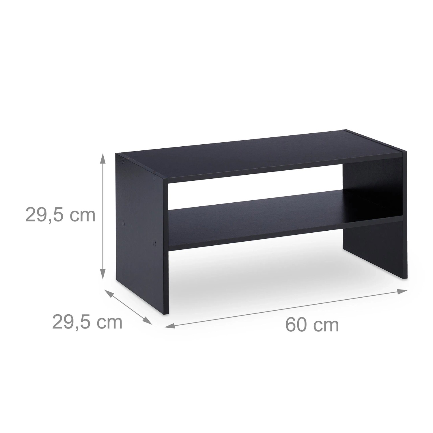 Schwarzes, stapelbares Schuhregal aus Spanplatte mit 2 Ebenen, 60 cm breit. Platzsparende Schuhaufbewahrung.
