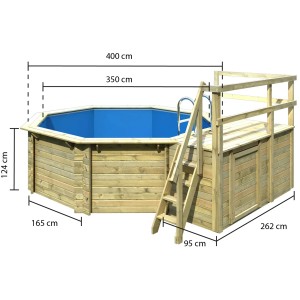 Karibu Pool Set mit zwei Sonnenterrassen und Leiter. Holzpool mit blauer Innenfolie.