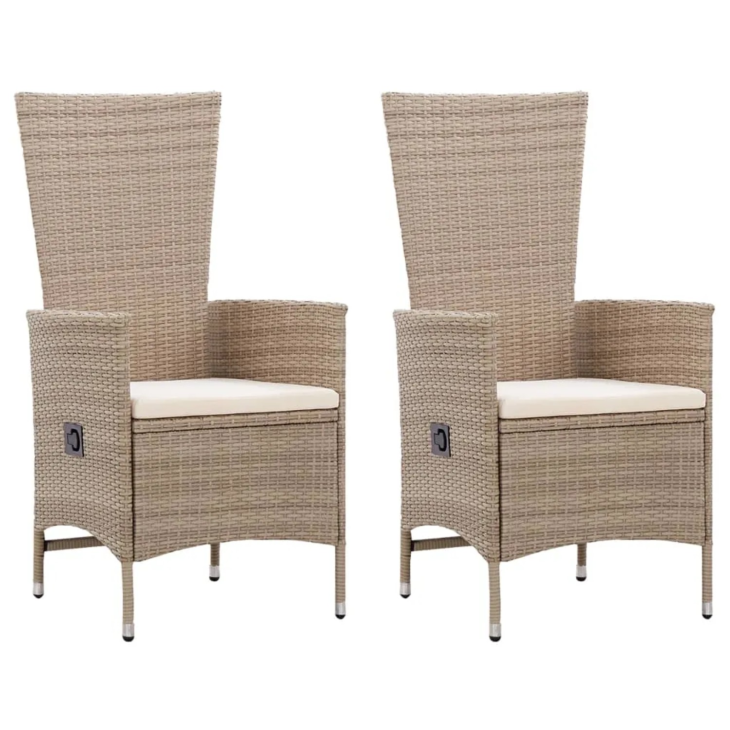 Zwei beige Gartenstühle aus Rattan mit cremefarbenen Polstern, Teil der vidaXL 3-tlg Garten-Essgruppe.